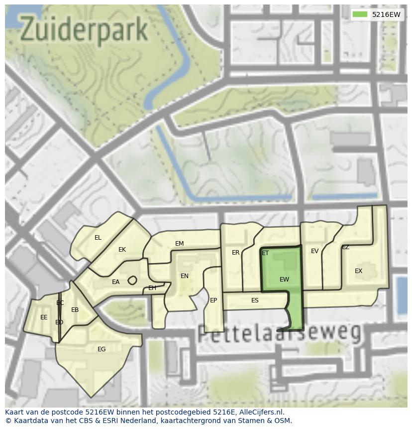 Afbeelding van het postcodegebied 5216 EW op de kaart.