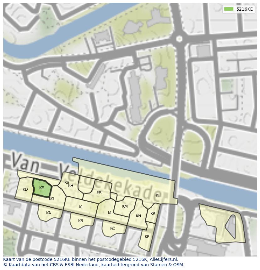 Afbeelding van het postcodegebied 5216 KE op de kaart.