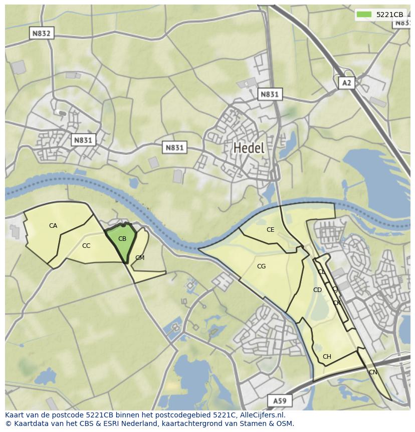 Afbeelding van het postcodegebied 5221 CB op de kaart.