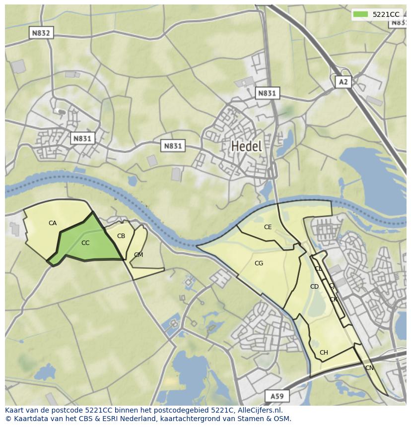 Afbeelding van het postcodegebied 5221 CC op de kaart.