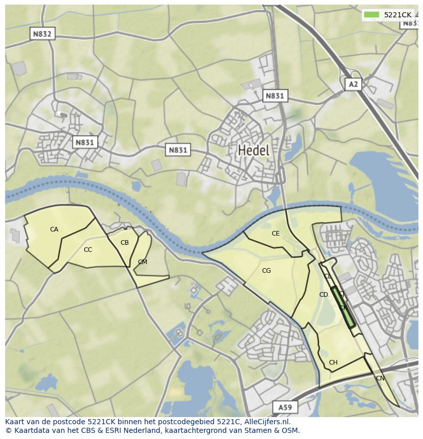 Afbeelding van het postcodegebied 5221 CK op de kaart.