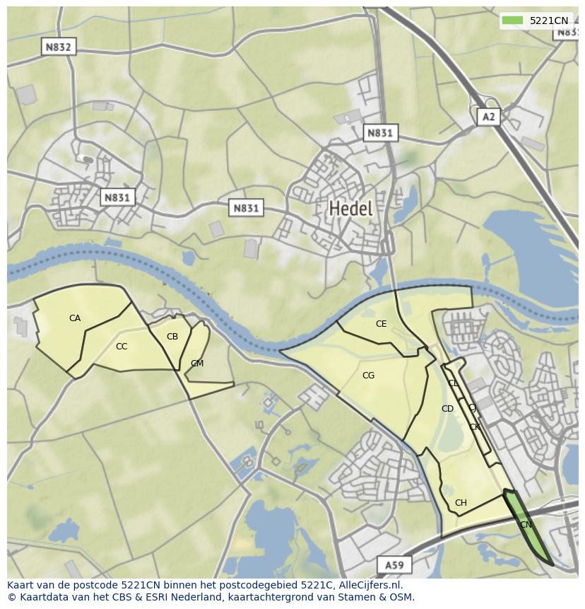 Afbeelding van het postcodegebied 5221 CN op de kaart.