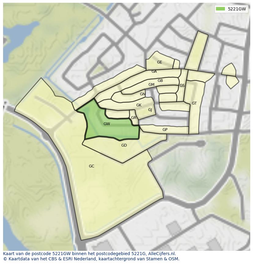 Afbeelding van het postcodegebied 5221 GW op de kaart.
