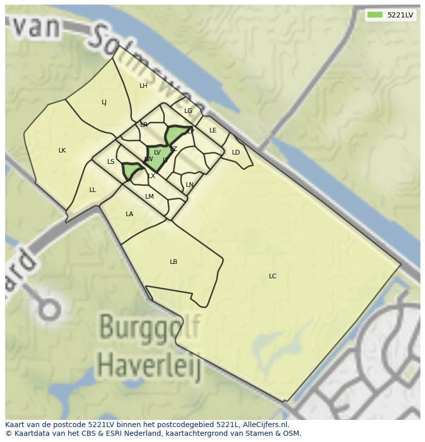 Afbeelding van het postcodegebied 5221 LV op de kaart.
