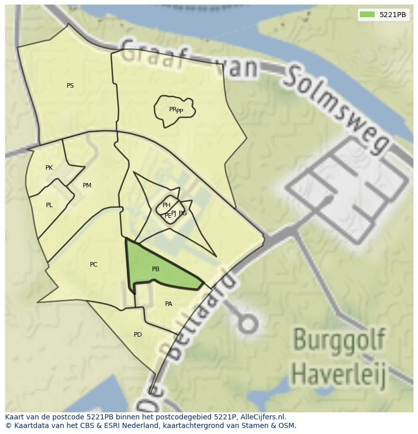 Afbeelding van het postcodegebied 5221 PB op de kaart.