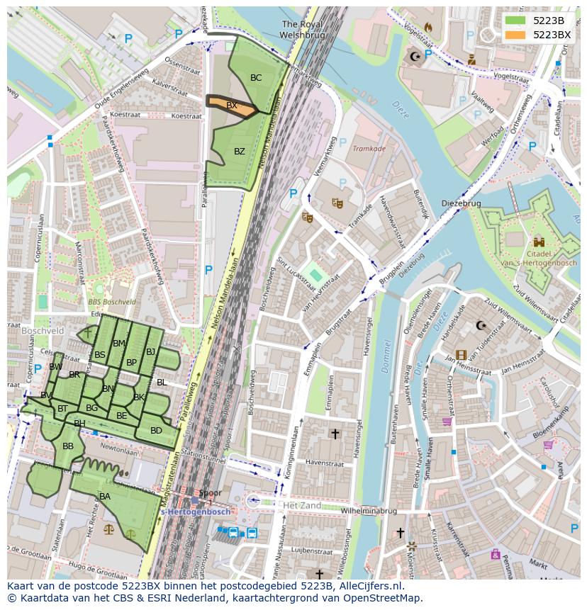 Afbeelding van het postcodegebied 5223 BX op de kaart.