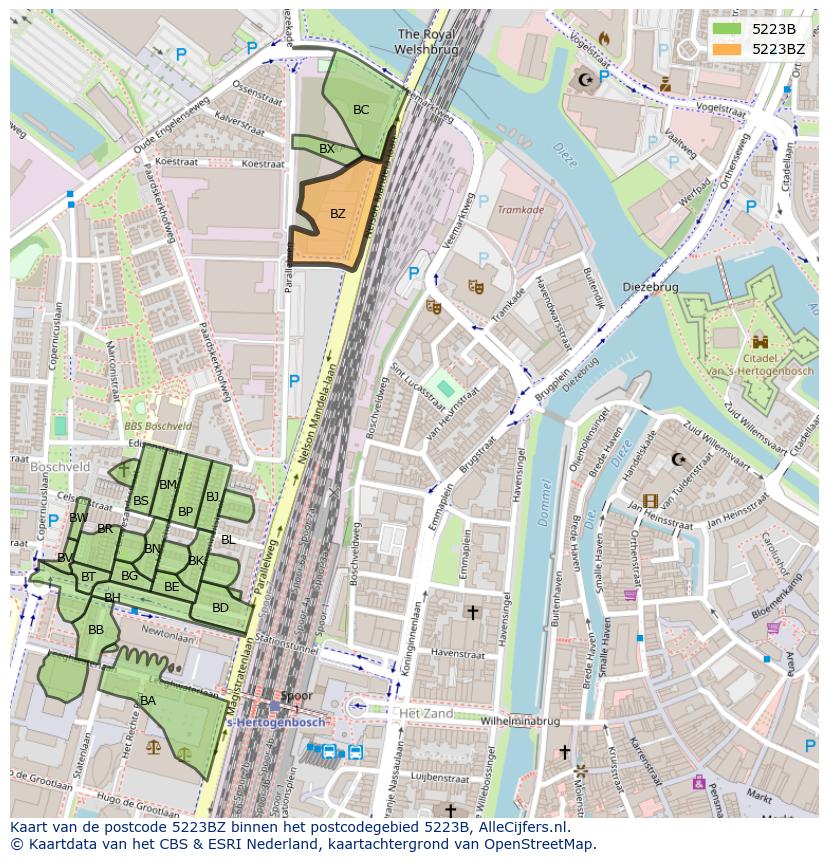 Afbeelding van het postcodegebied 5223 BZ op de kaart.