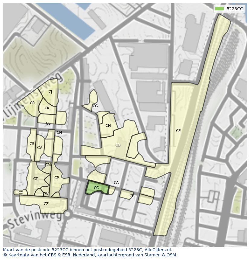 Afbeelding van het postcodegebied 5223 CC op de kaart.