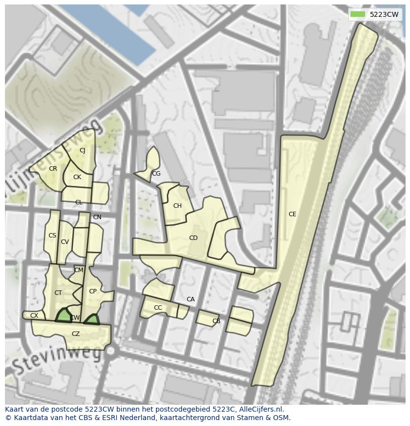 Afbeelding van het postcodegebied 5223 CW op de kaart.