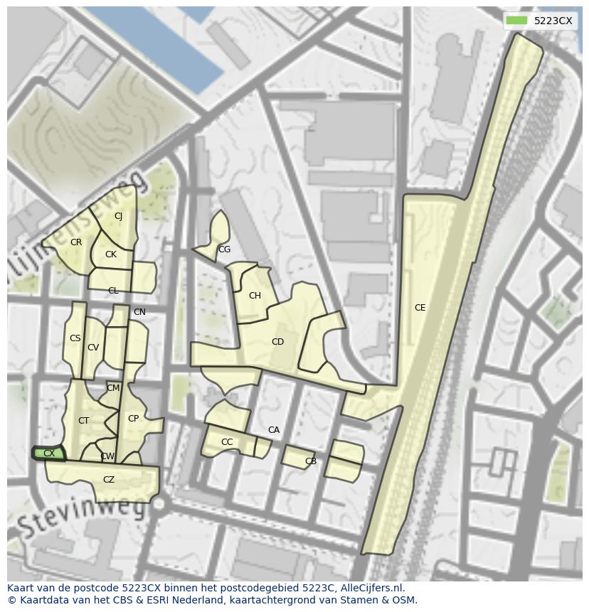 Afbeelding van het postcodegebied 5223 CX op de kaart.