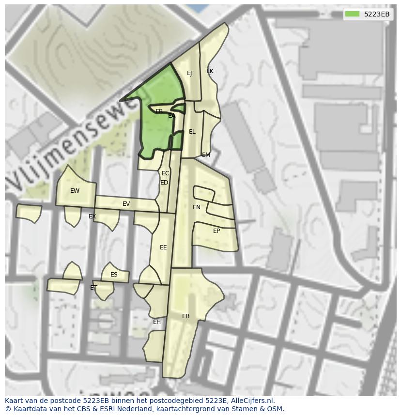 Afbeelding van het postcodegebied 5223 EB op de kaart.