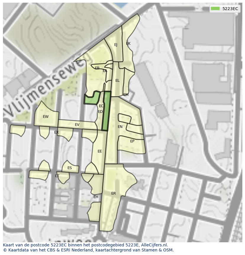 Afbeelding van het postcodegebied 5223 EC op de kaart.