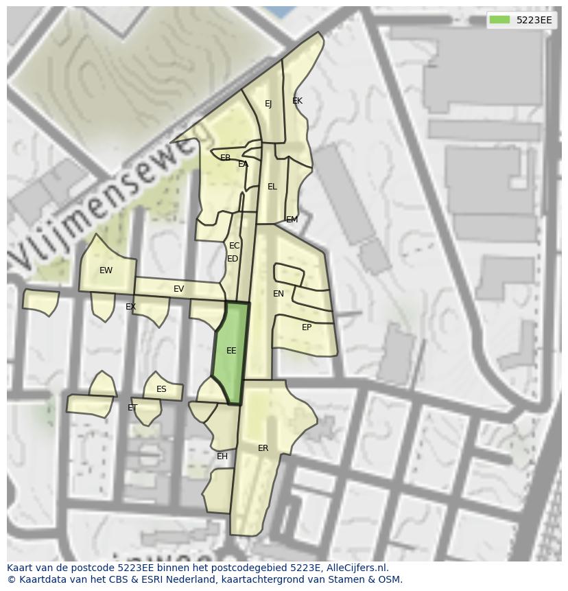 Afbeelding van het postcodegebied 5223 EE op de kaart.
