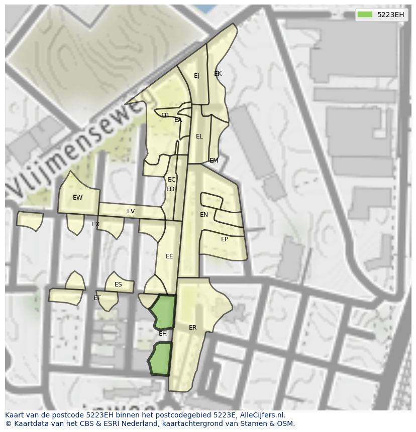 Afbeelding van het postcodegebied 5223 EH op de kaart.