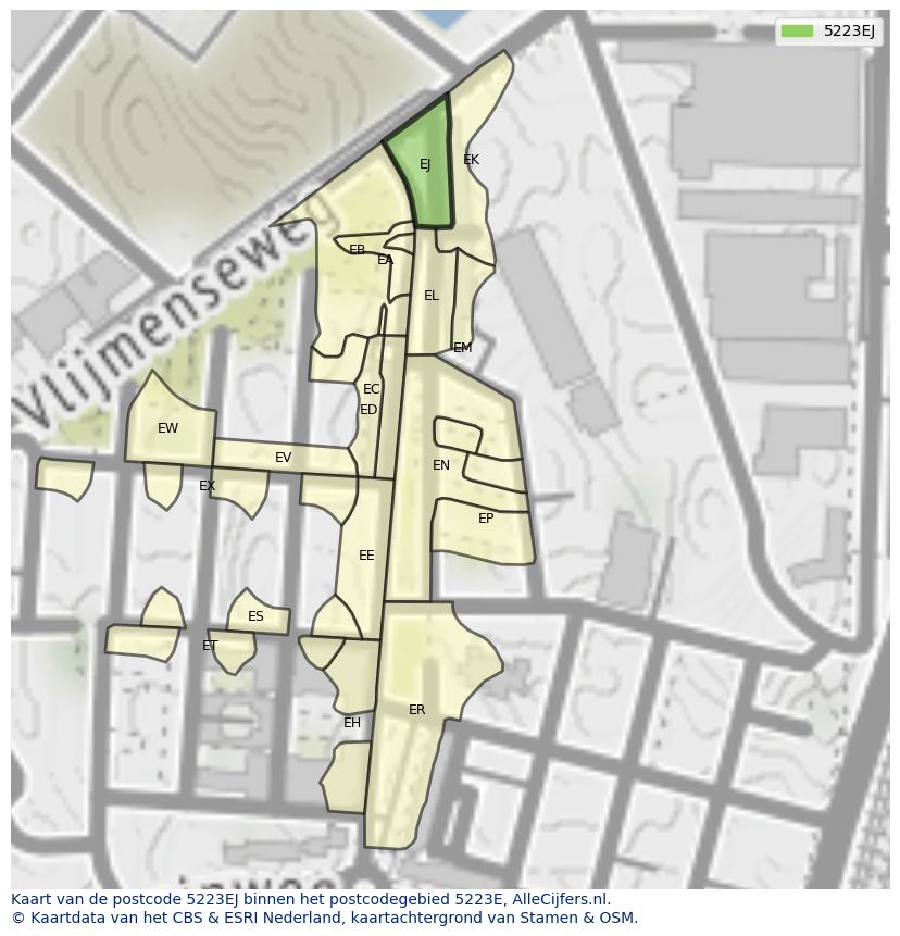 Afbeelding van het postcodegebied 5223 EJ op de kaart.