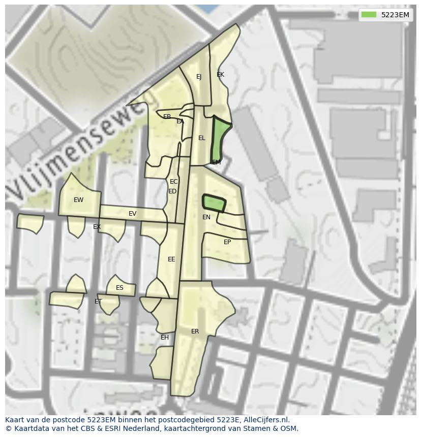 Afbeelding van het postcodegebied 5223 EM op de kaart.