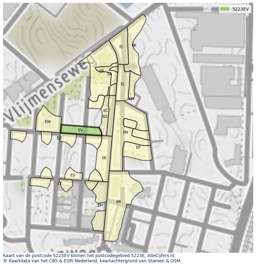 Afbeelding van het postcodegebied 5223 EV op de kaart.