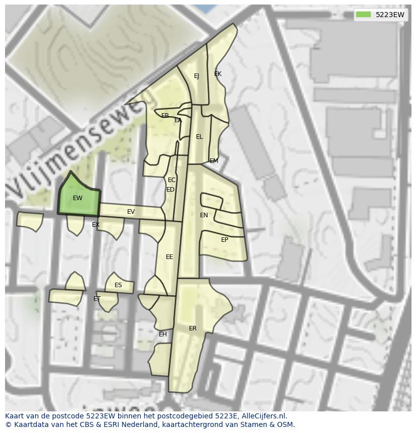 Afbeelding van het postcodegebied 5223 EW op de kaart.