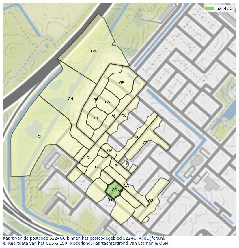 Afbeelding van het postcodegebied 5224 GC op de kaart.