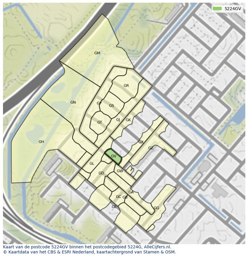 Afbeelding van het postcodegebied 5224 GV op de kaart.