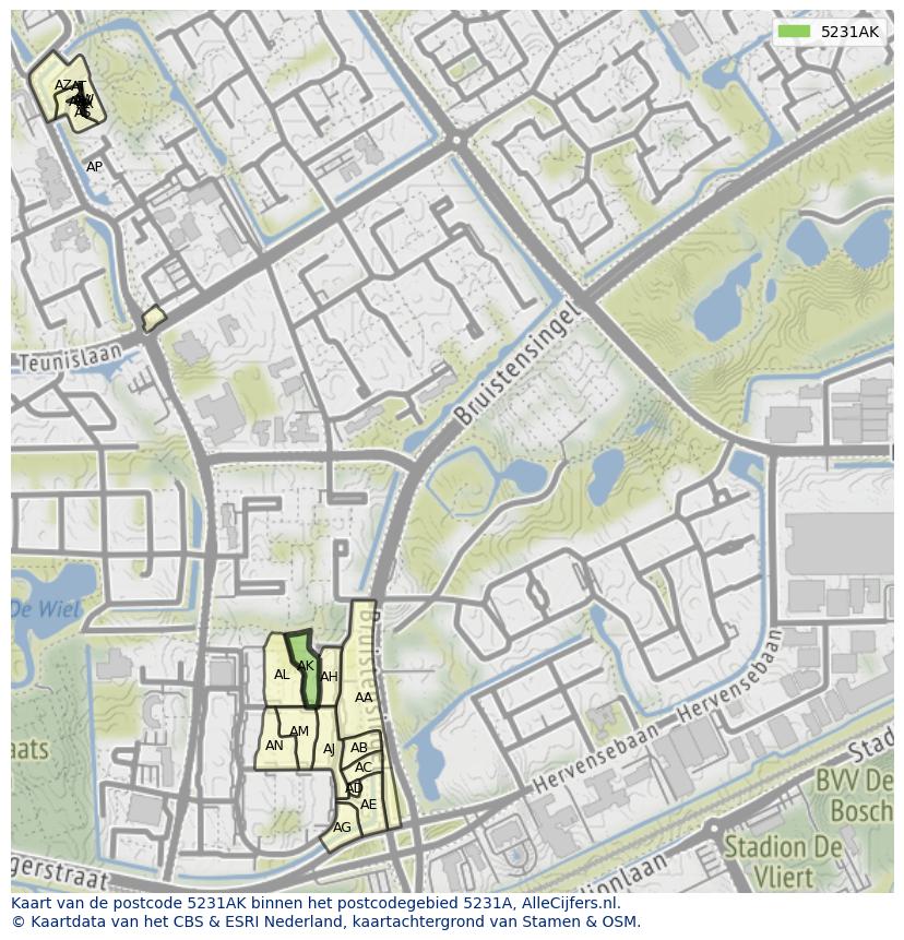 Afbeelding van het postcodegebied 5231 AK op de kaart.