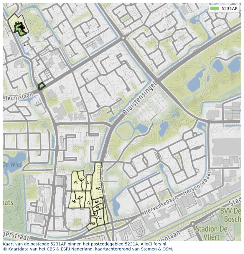Afbeelding van het postcodegebied 5231 AP op de kaart.
