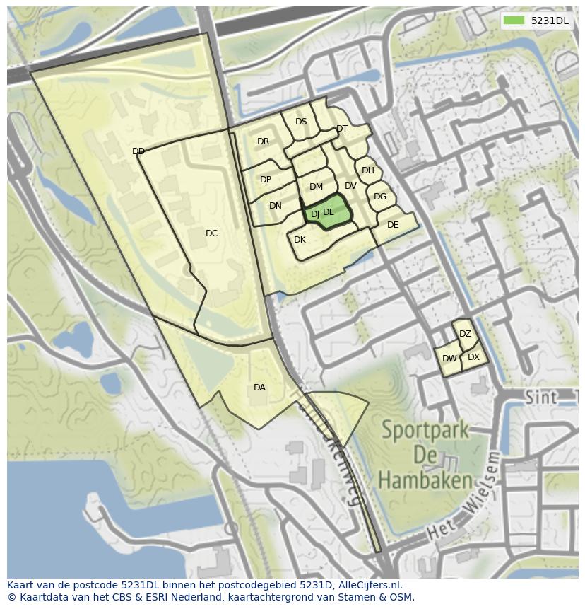 Afbeelding van het postcodegebied 5231 DL op de kaart.
