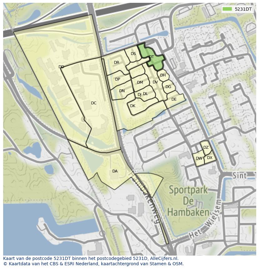 Afbeelding van het postcodegebied 5231 DT op de kaart.