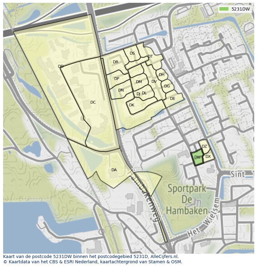 Afbeelding van het postcodegebied 5231 DW op de kaart.