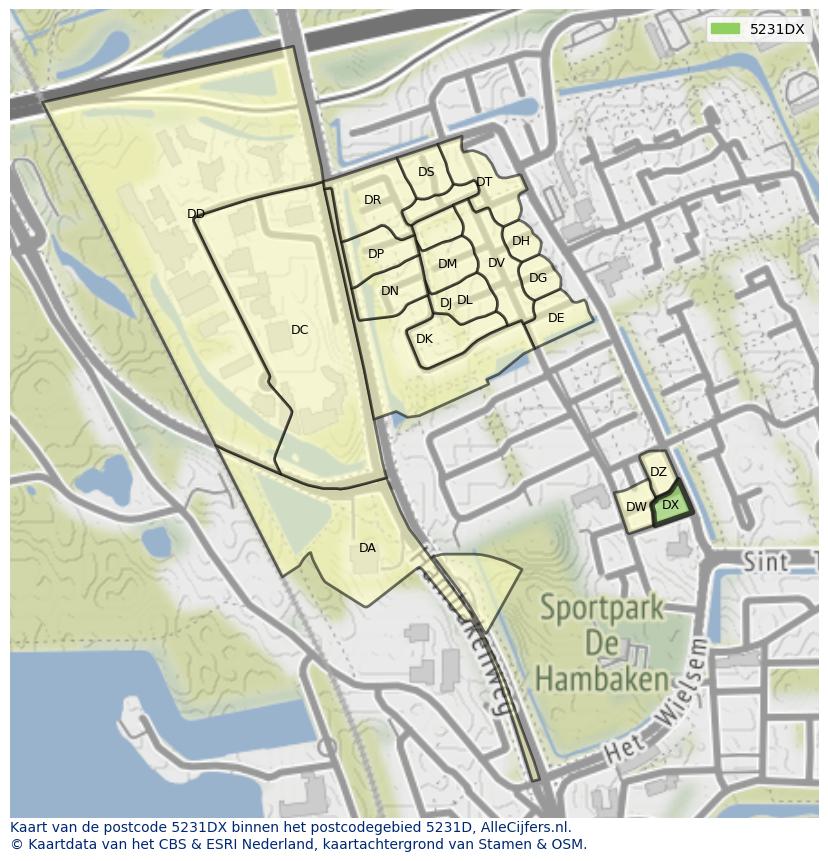 Afbeelding van het postcodegebied 5231 DX op de kaart.