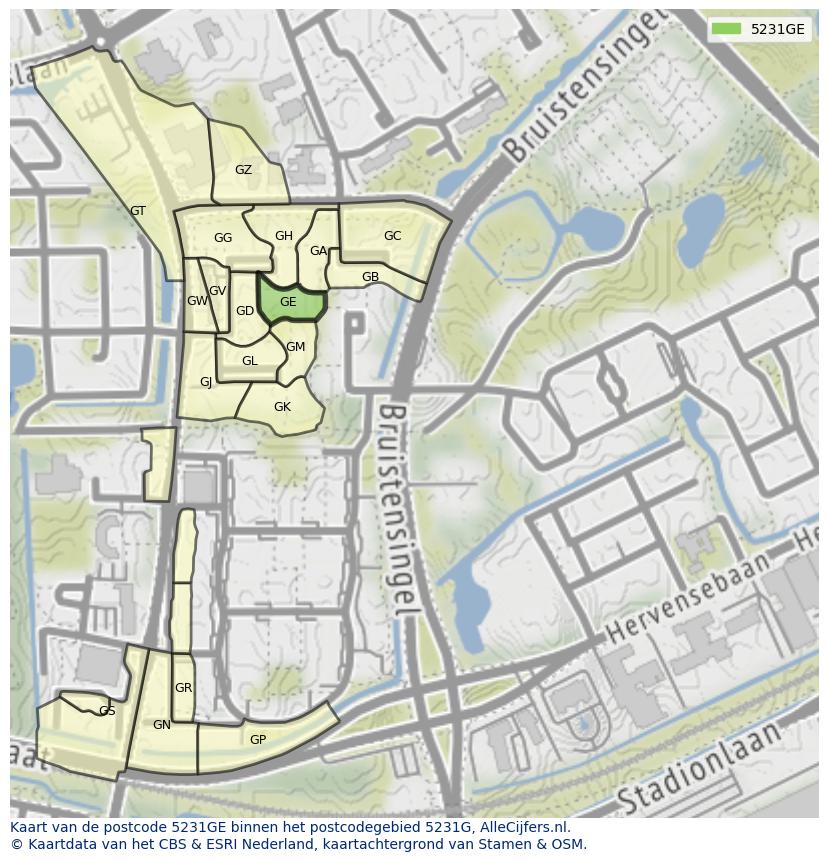 Afbeelding van het postcodegebied 5231 GE op de kaart.