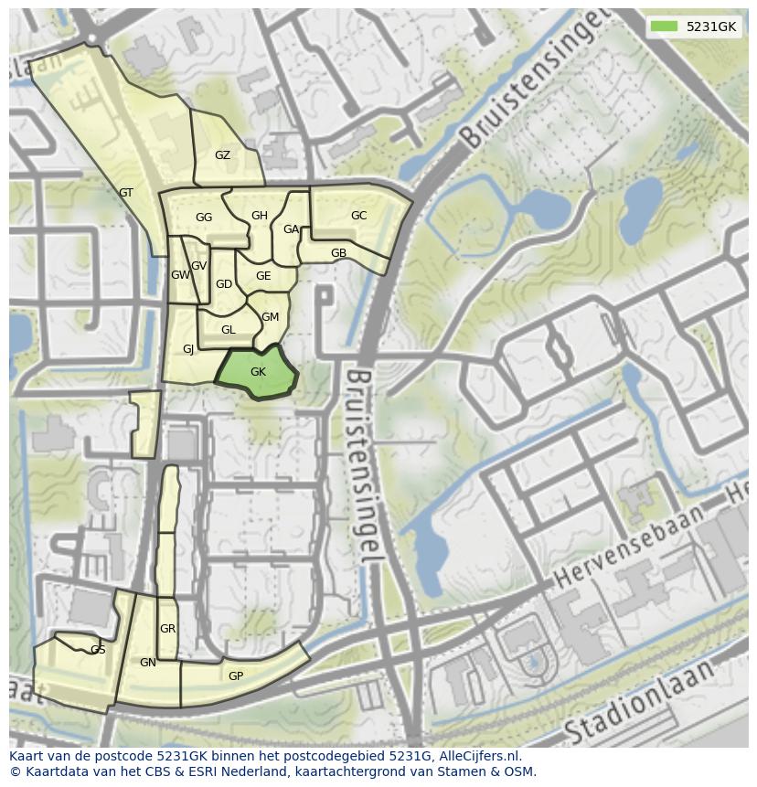 Afbeelding van het postcodegebied 5231 GK op de kaart.