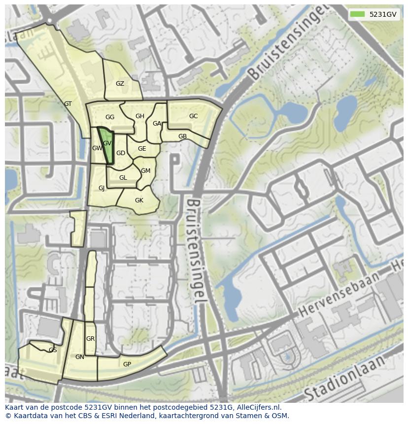 Afbeelding van het postcodegebied 5231 GV op de kaart.