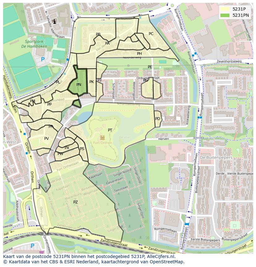 Afbeelding van het postcodegebied 5231 PN op de kaart.