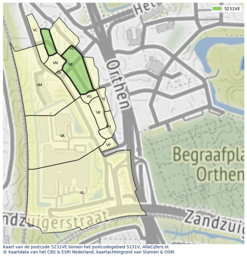 Afbeelding van het postcodegebied 5231 VE op de kaart.