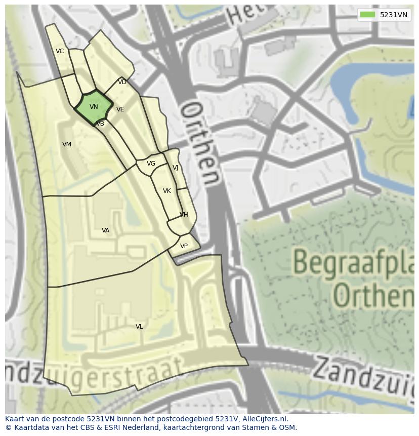 Afbeelding van het postcodegebied 5231 VN op de kaart.