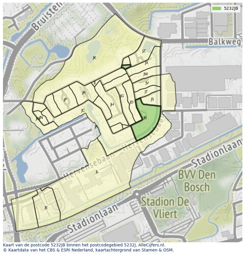 Afbeelding van het postcodegebied 5232 JB op de kaart.
