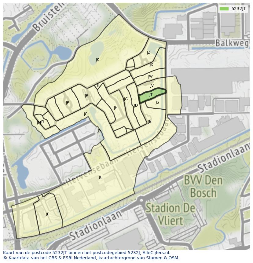 Afbeelding van het postcodegebied 5232 JT op de kaart.