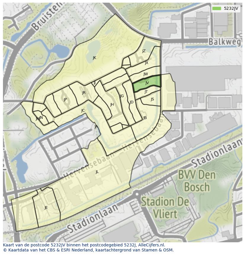 Afbeelding van het postcodegebied 5232 JV op de kaart.