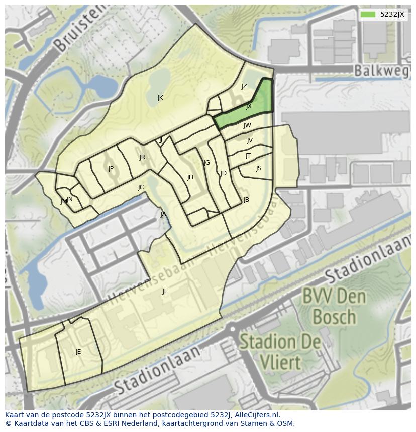 Afbeelding van het postcodegebied 5232 JX op de kaart.