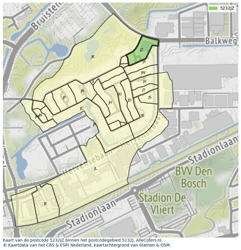 Afbeelding van het postcodegebied 5232 JZ op de kaart.