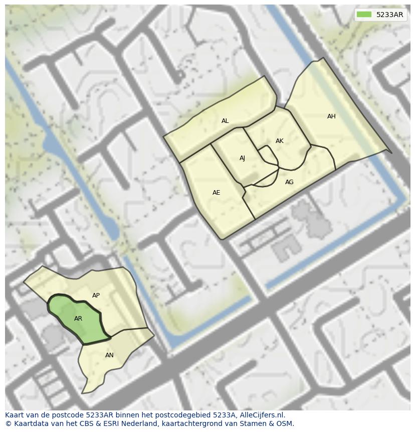 Afbeelding van het postcodegebied 5233 AR op de kaart.