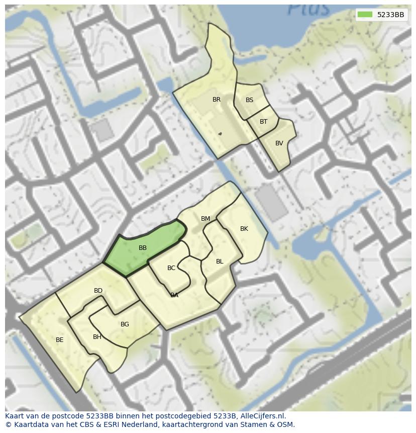Afbeelding van het postcodegebied 5233 BB op de kaart.