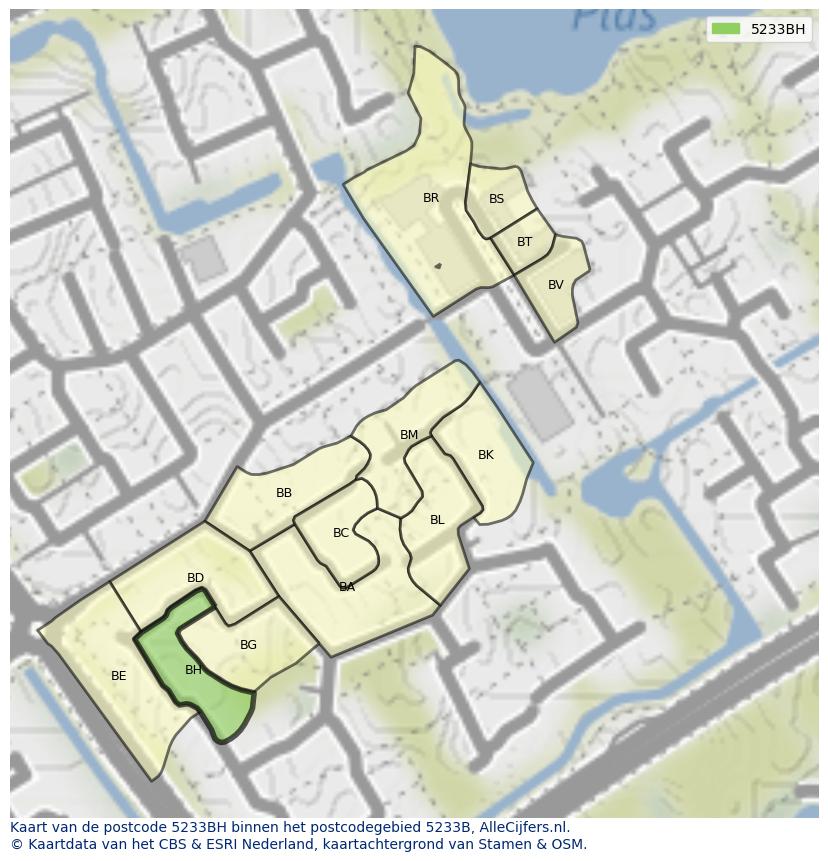 Afbeelding van het postcodegebied 5233 BH op de kaart.