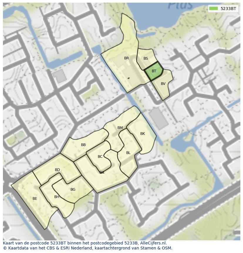 Afbeelding van het postcodegebied 5233 BT op de kaart.