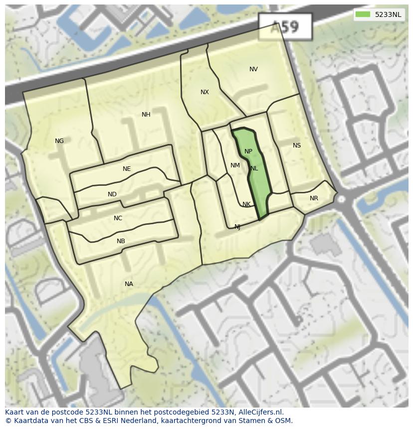 Afbeelding van het postcodegebied 5233 NL op de kaart.