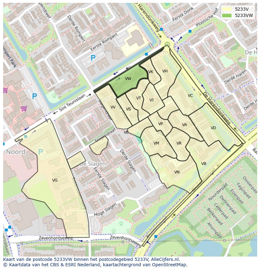 Afbeelding van het postcodegebied 5233 VW op de kaart.