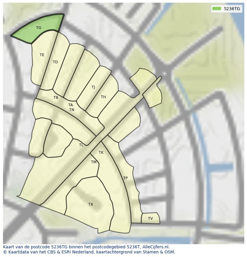 Afbeelding van het postcodegebied 5236 TG op de kaart.