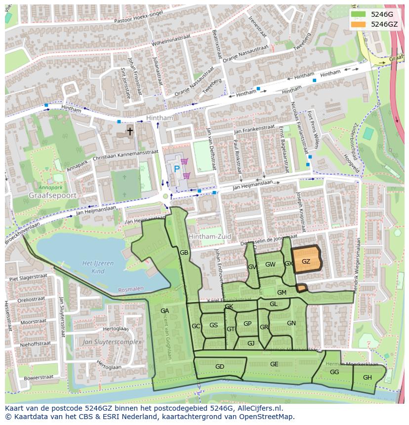 Afbeelding van het postcodegebied 5246 GZ op de kaart.