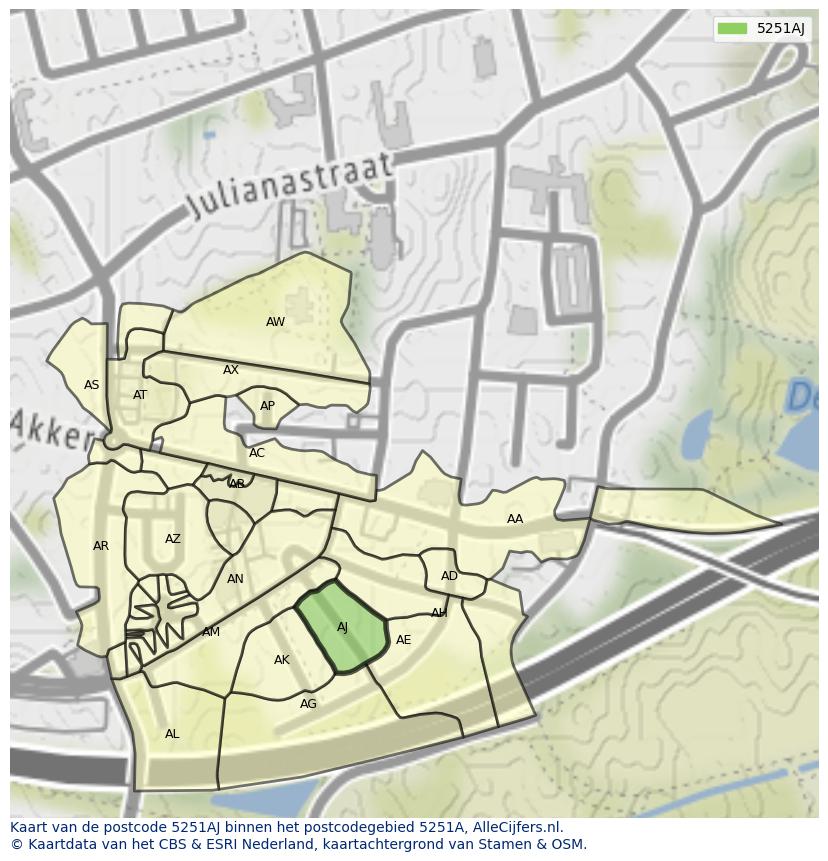 Afbeelding van het postcodegebied 5251 AJ op de kaart.